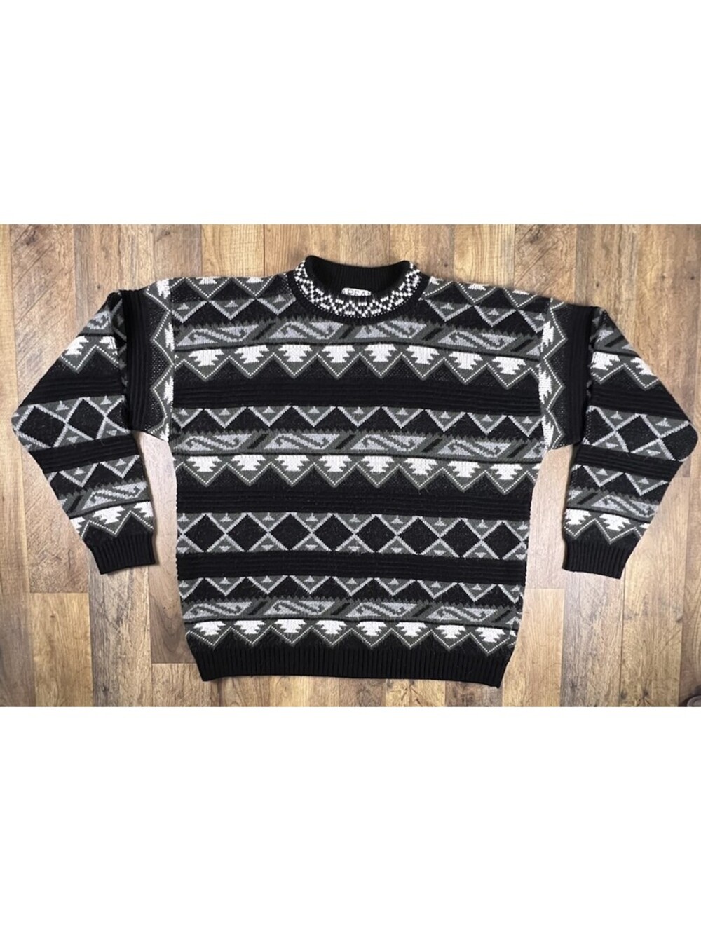 Area By Tag Sweater L Black Geometric Tribal Coogi Style Made in USA Vintage 90s